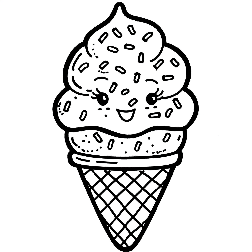 Dibujo de helado de verano kawaii en cucurucho para colorear listo para imprimir gratis