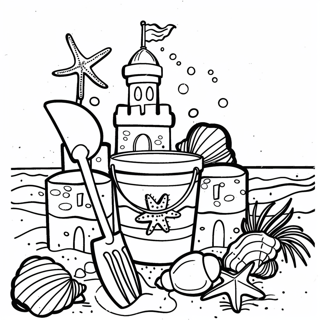 Dibujo de castillo de arena con cubo y pala para colorear listo para imprimir gratis