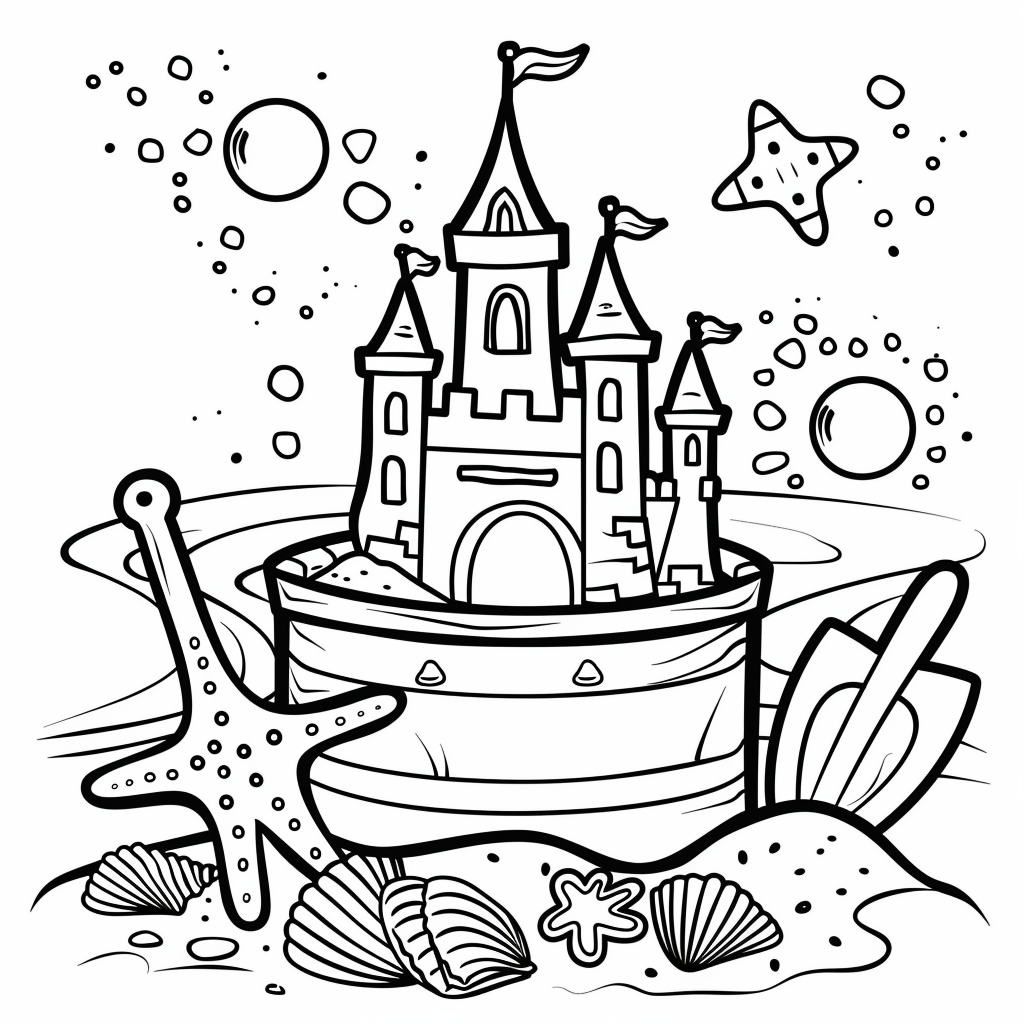 Dibujo de castillo de arena con estrellas de mar para colorear listo para imprimir gratis