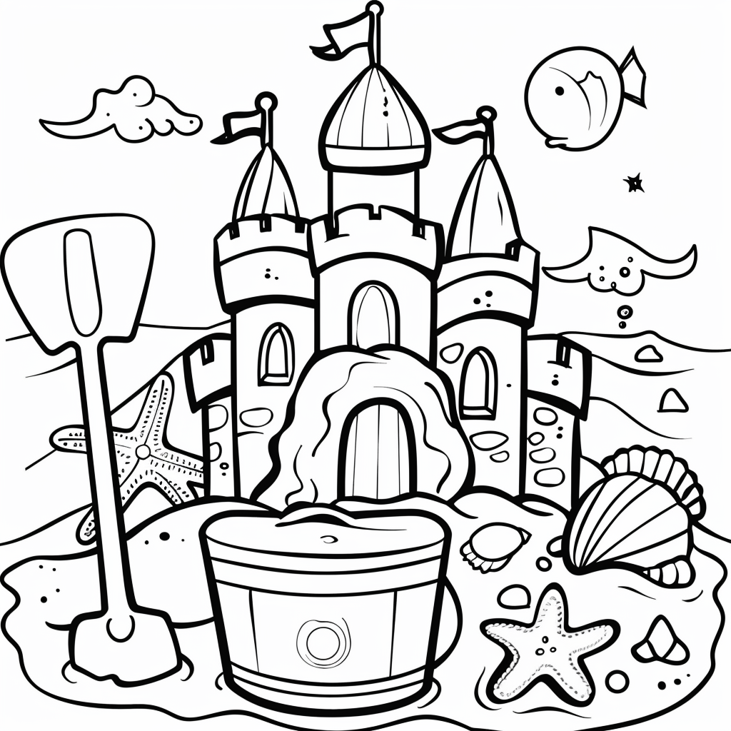 Dibujo de castillo de arena junto al mar para colorear listo para imprimir gratis