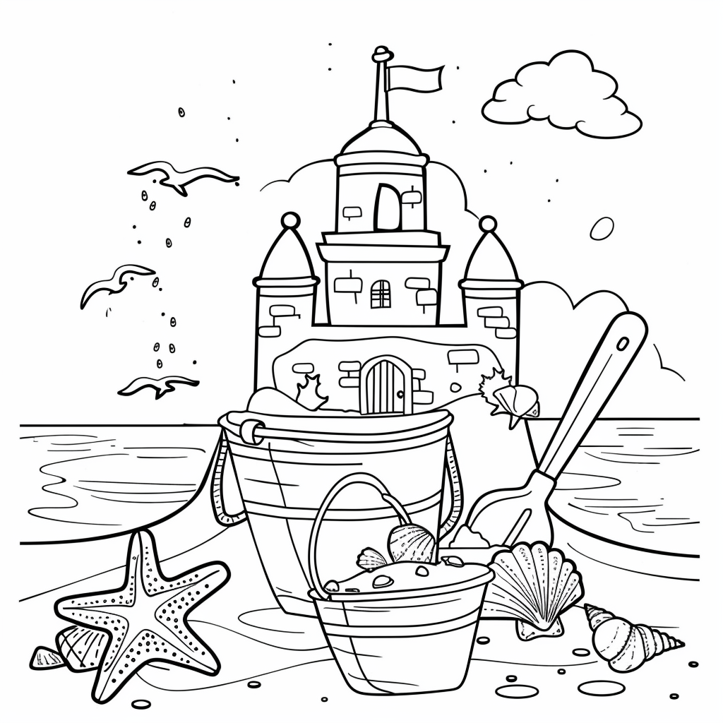 Dibujo de castillo de arena con juguetes de playa para colorear listo para imprimir gratis