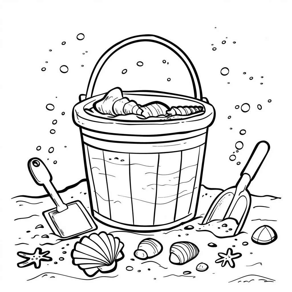 Dibujo de cubo y pala de playa con castillo pequeño para colorear listo para imprimir gratis