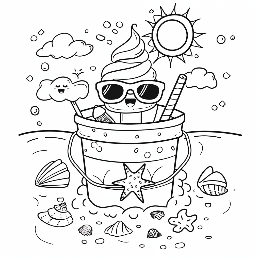 Dibujo de cubo y pala de playa con pala pequeña para colorear listo para imprimir gratis