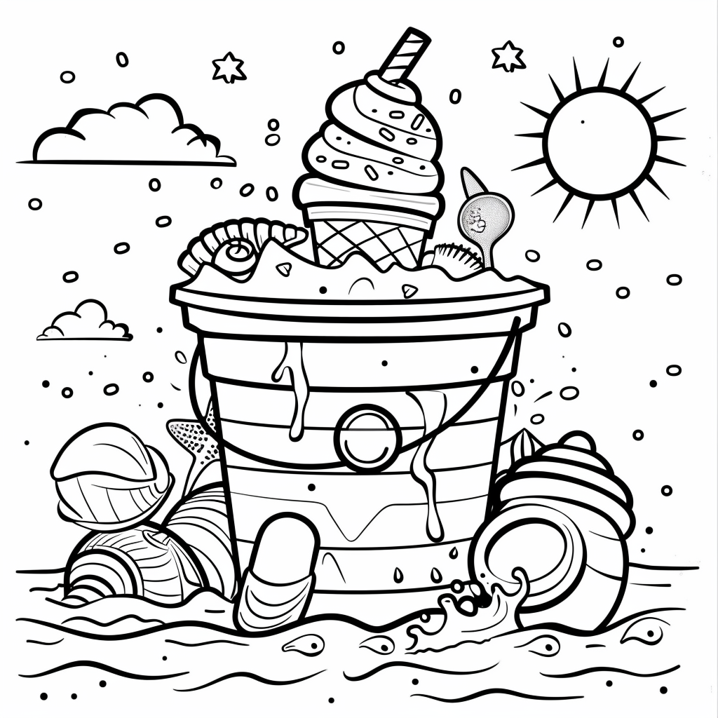 Dibujo de cubo y pala de playa con castillo de arena para colorear listo para imprimir gratis