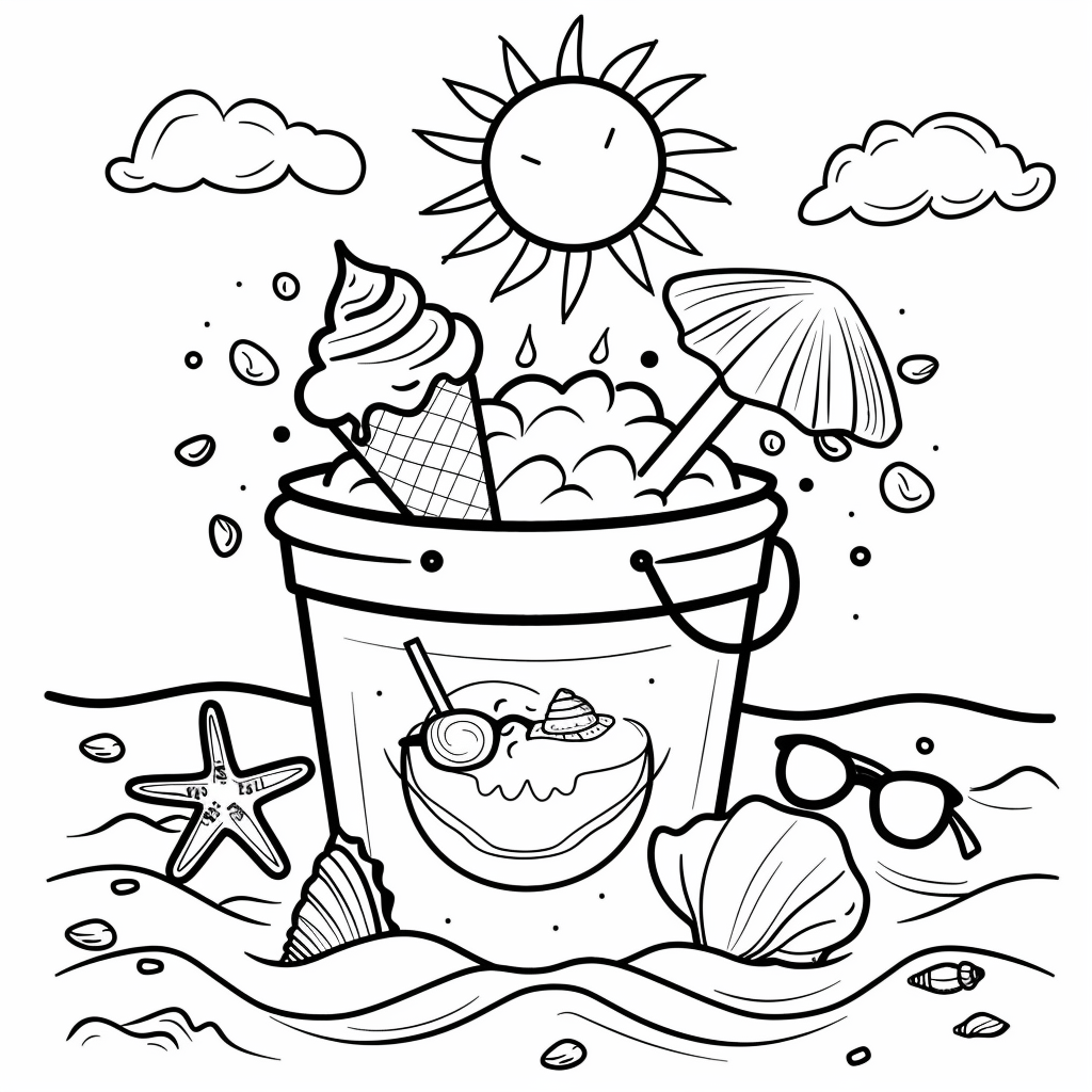 Dibujo de cubo y pala de playa en la orilla para colorear listo para imprimir gratis