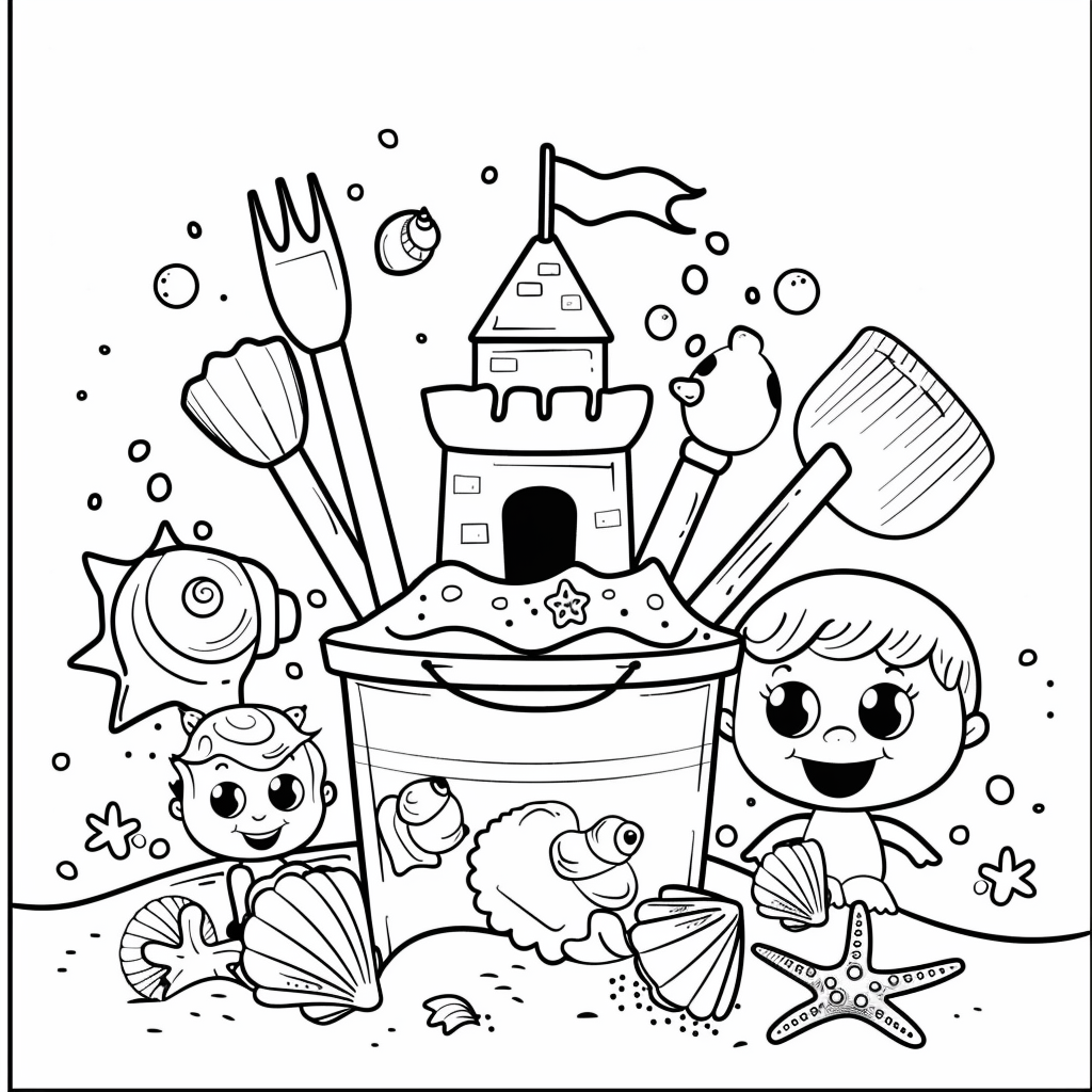 Dibujo de cubo y pala de playa con conchas para colorear listo para imprimir gratis