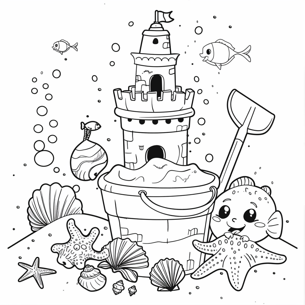 Dibujo de cubo y pala de playa junto al mar para colorear listo para imprimir gratis