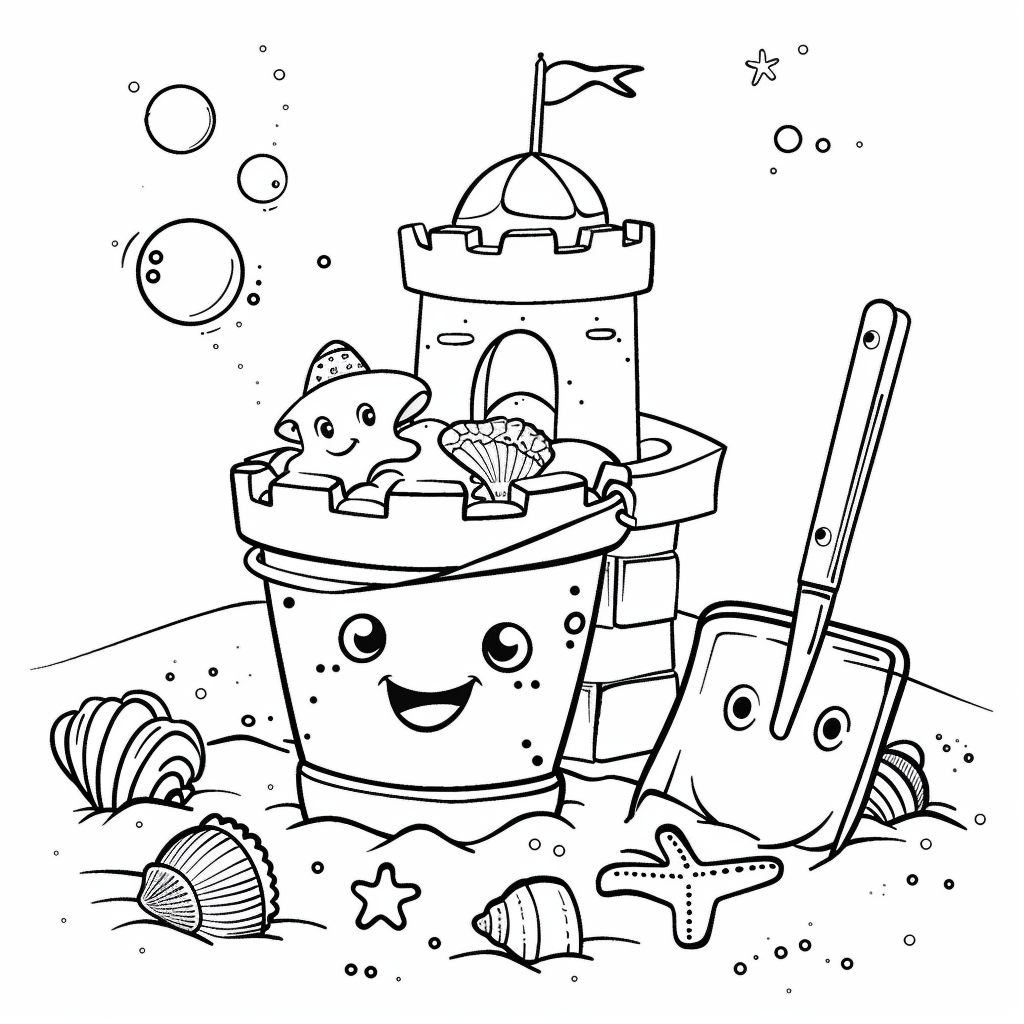 Dibujo de cubo y pala de playa con herramientas para colorear listo para imprimir gratis