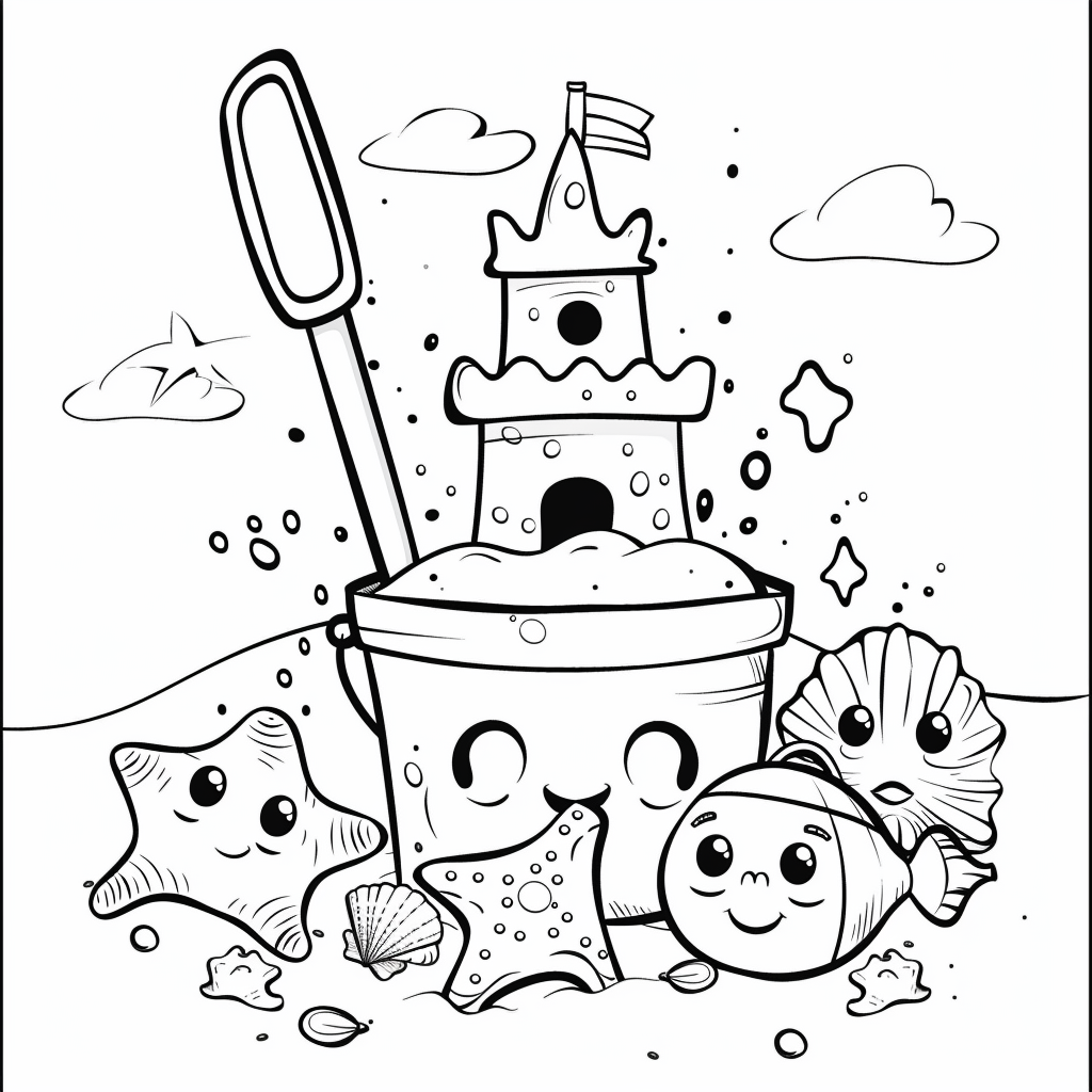 Dibujo de cubo y pala de playa con estrellas de mar para colorear listo para imprimir gratis