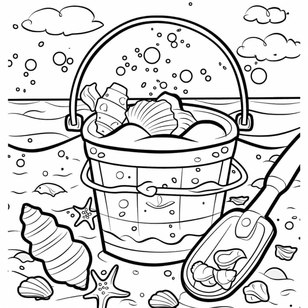Dibujo de cubo y pala de playa con remolino para colorear listo para imprimir gratis