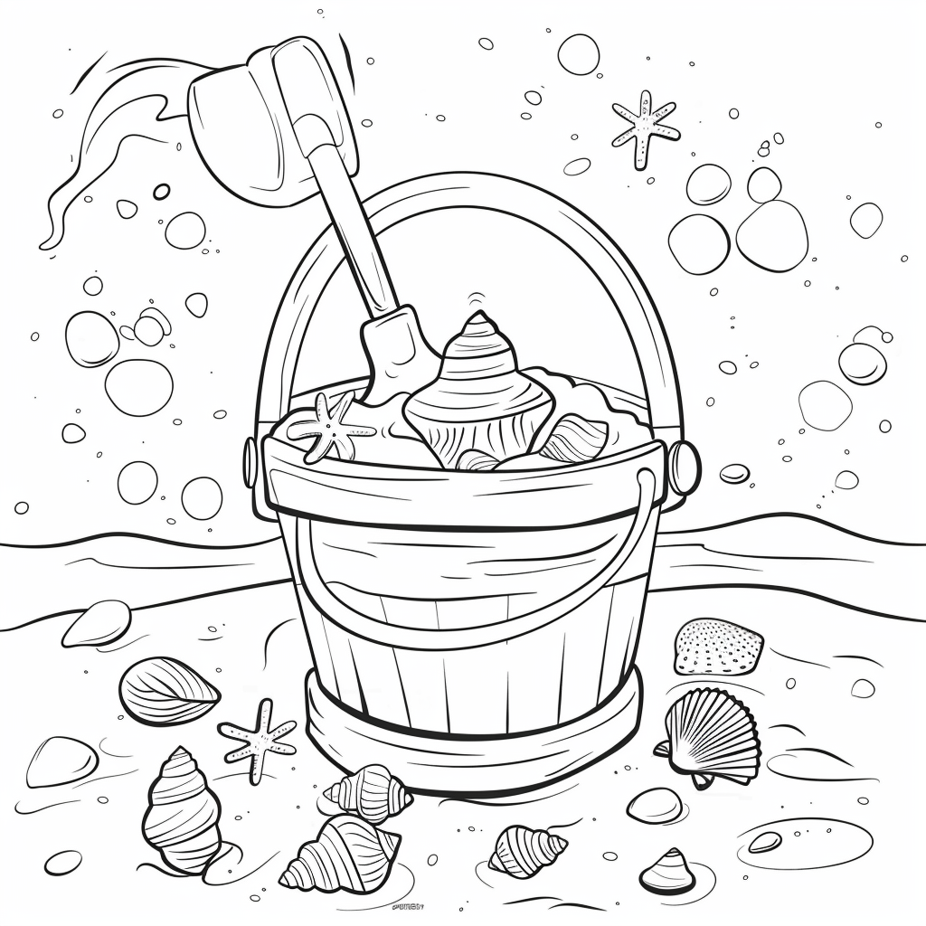Dibujo de cubo y pala de playa con torre de arena para colorear listo para imprimir gratis