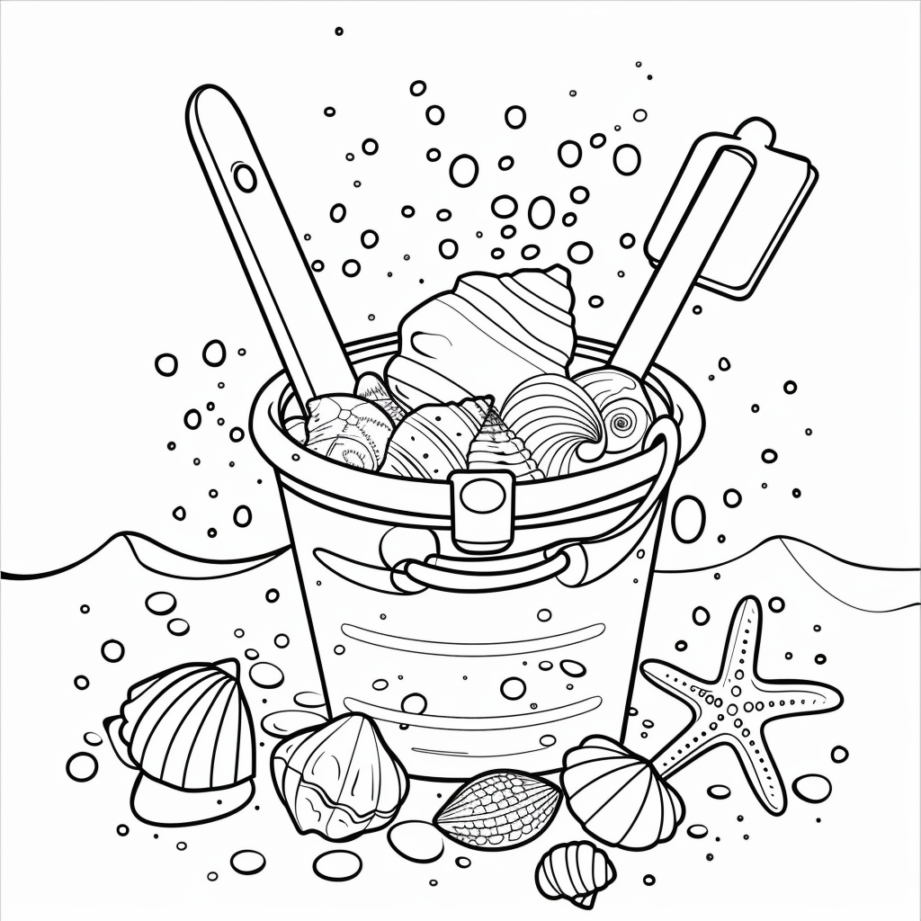 Dibujo de cubo y pala de playa bajo el sol para colorear listo para imprimir gratis