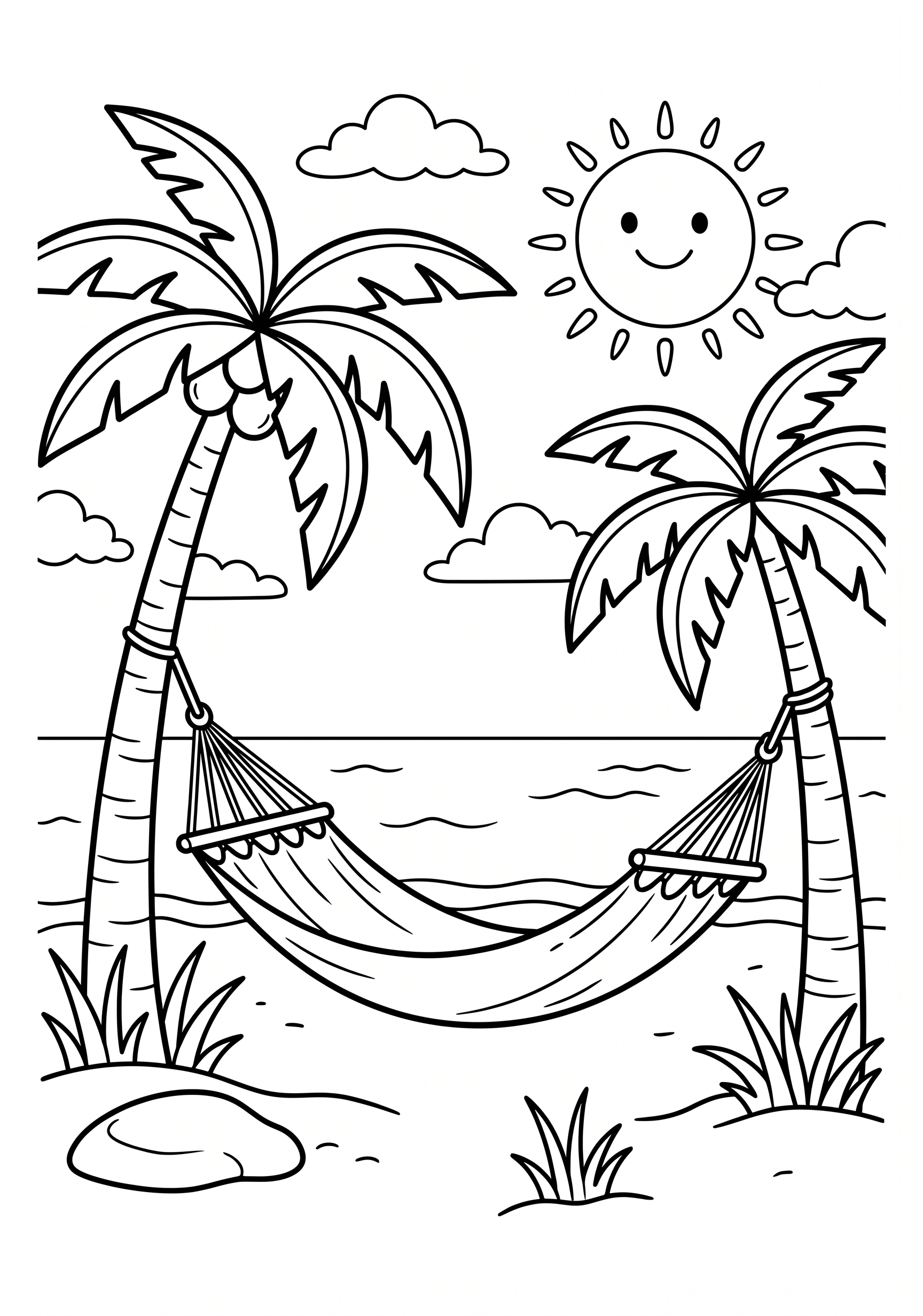 Dibujo de hamaca entre palmeras en la playa para colorear listo para imprimir gratis