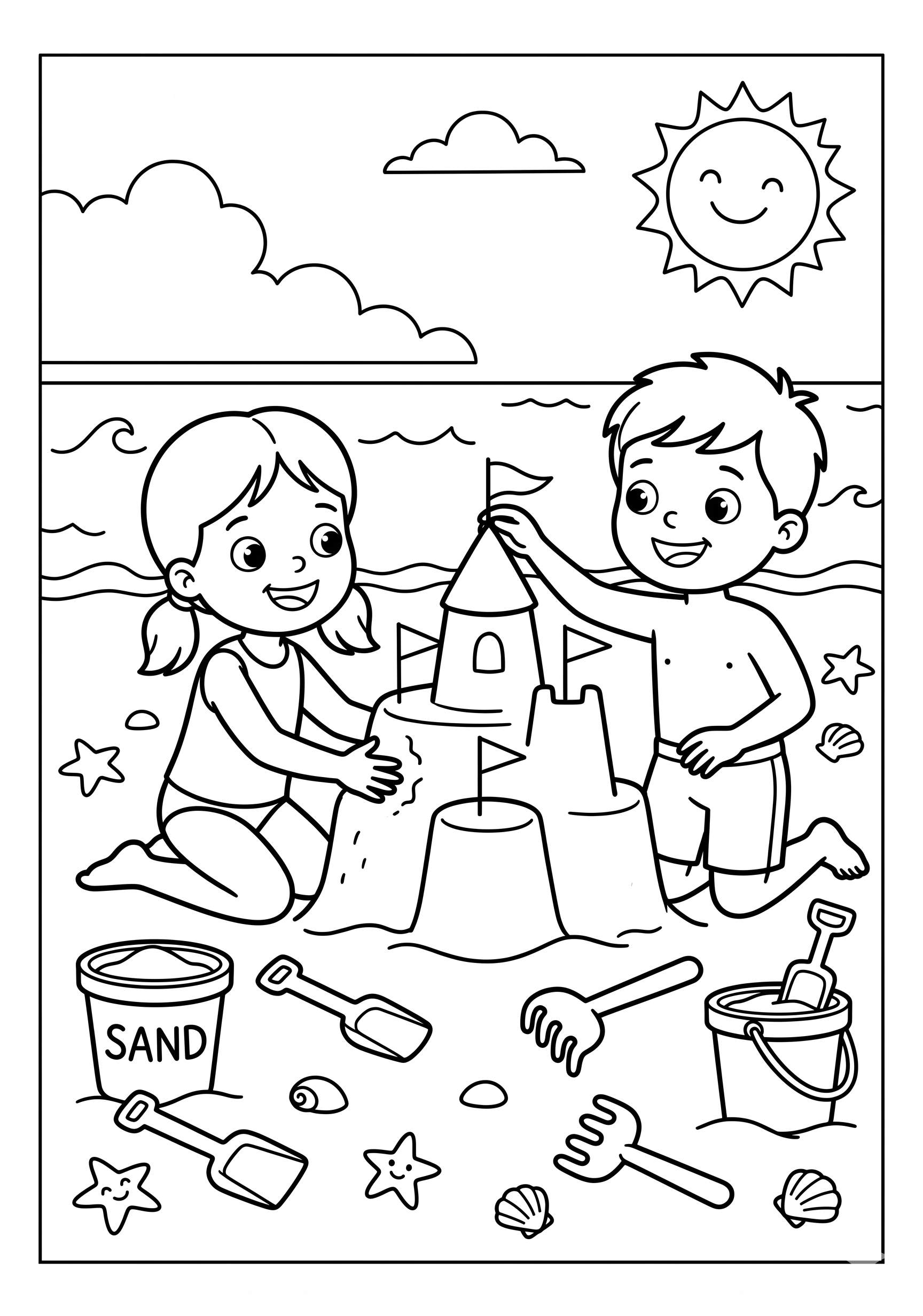 Dibujo de niños haciendo un castillo de arena para colorear listo para imprimir gratis