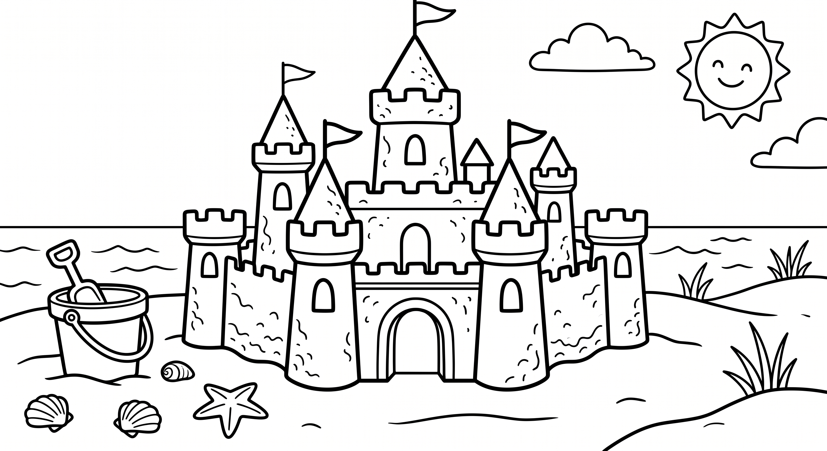Dibujo de castillo de arena en la playa para colorear listo para imprimir gratis