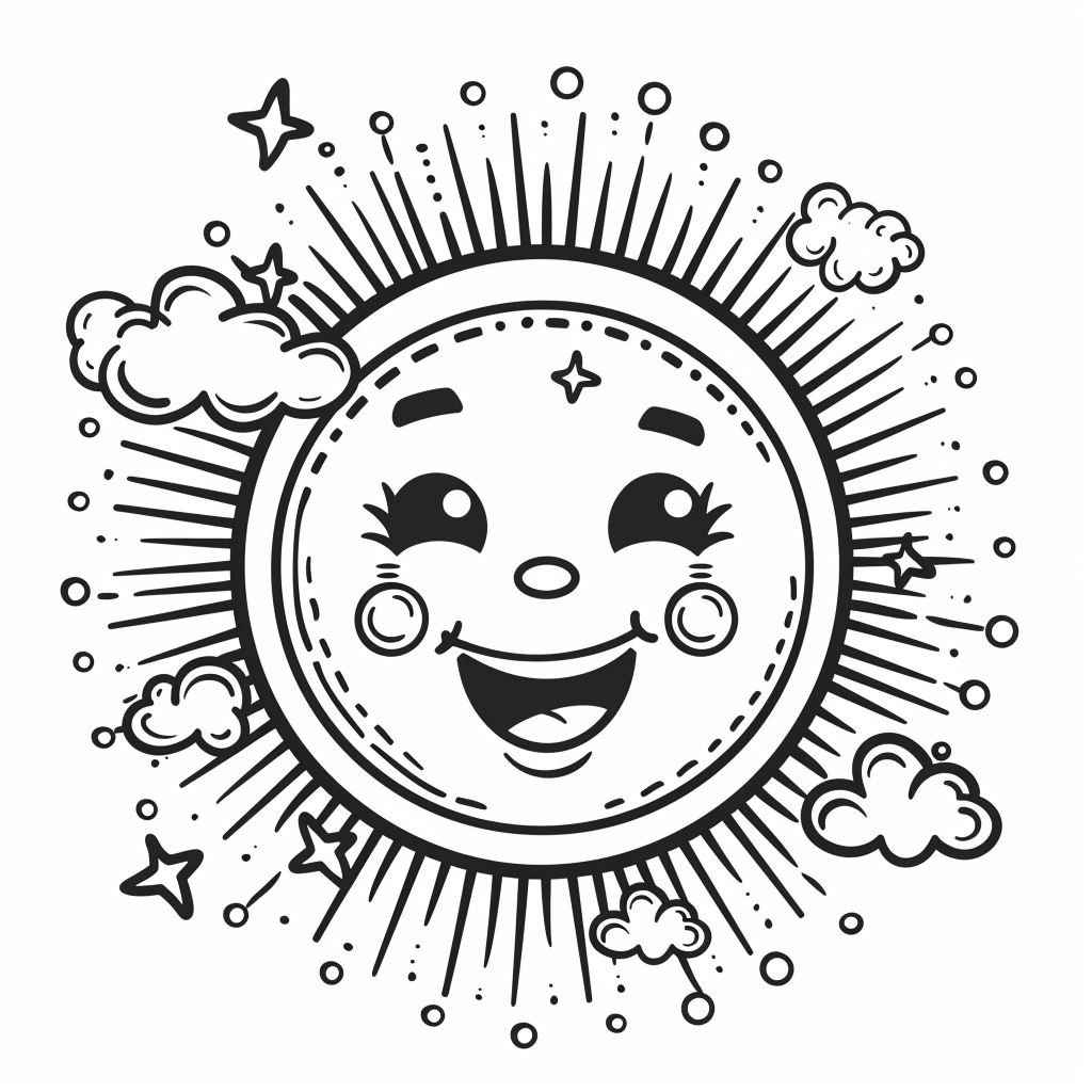 Dibujo de sol de verano sonriente con destellos para colorear listo para imprimir gratis
