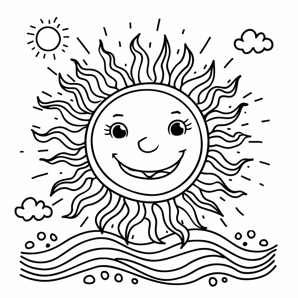 Dibujo de sol de verano sonriente sobre las olas para colorear listo para imprimir gratis