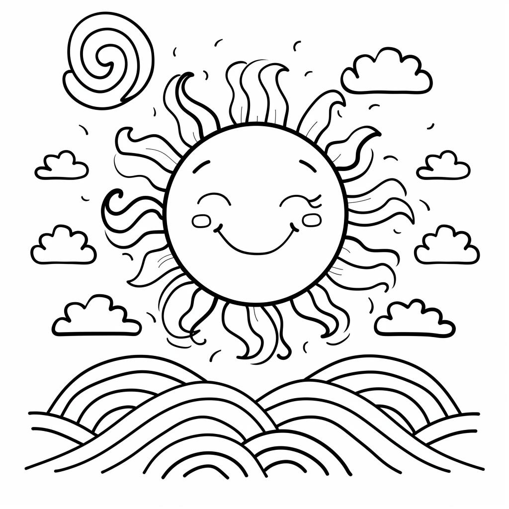 Dibujo de sol de verano sonriente entre nubes para colorear listo para imprimir gratis