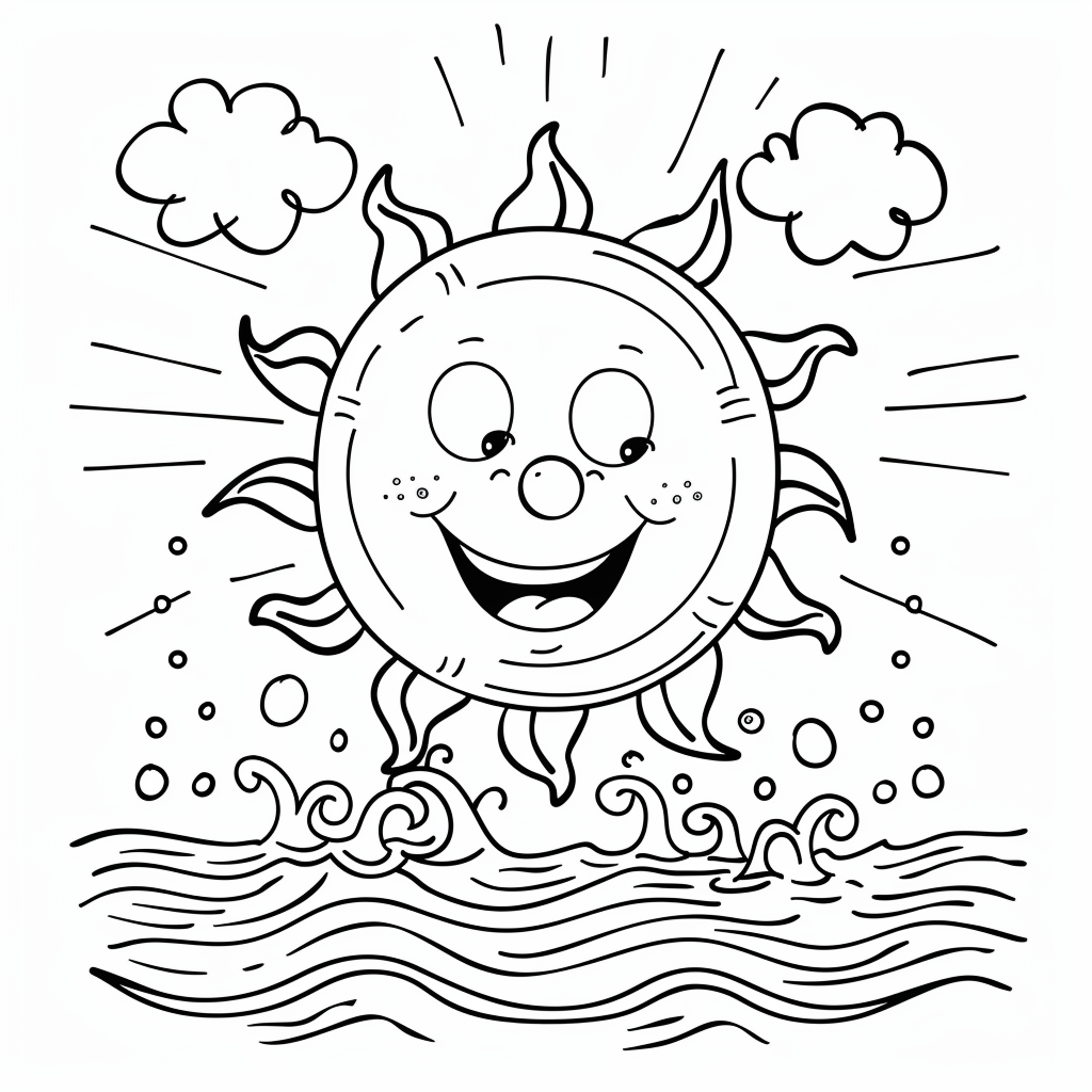Dibujo de sol de verano sonriente con olas suaves para colorear listo para imprimir gratis