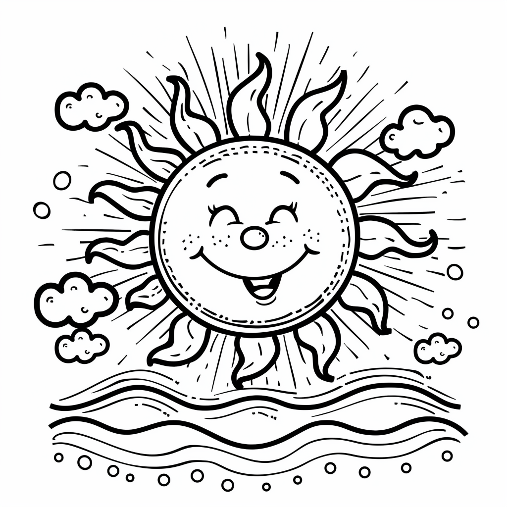 Dibujo de sol de verano sonriente brillante para colorear listo para imprimir gratis