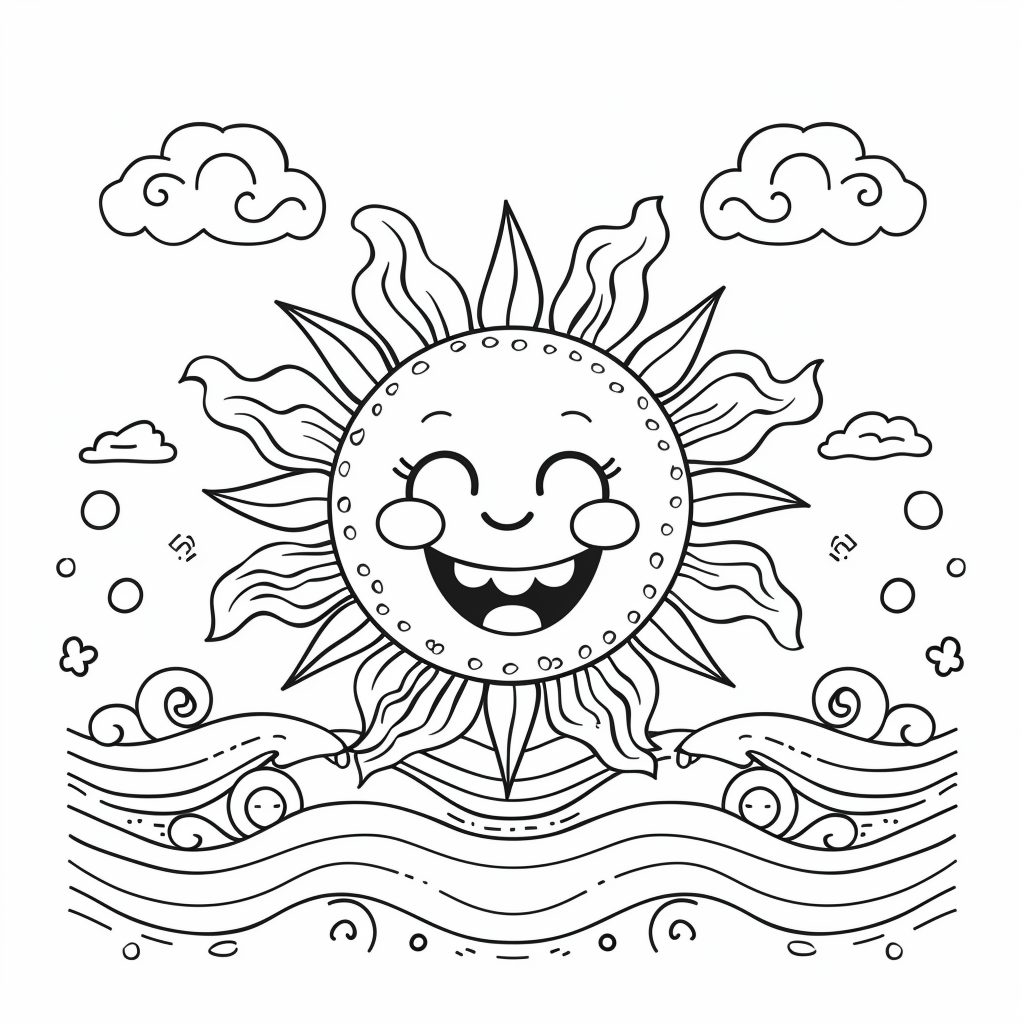 Dibujo de sol de verano sonriente en el mar para colorear listo para imprimir gratis